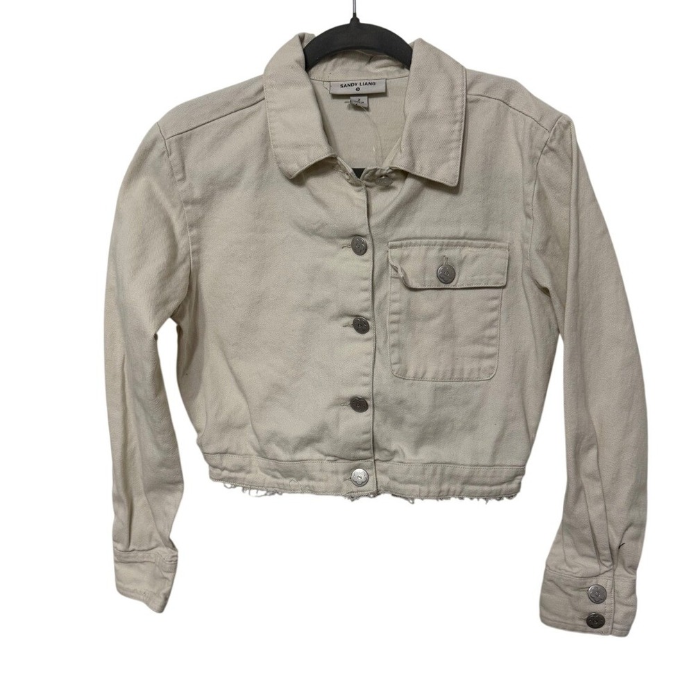 Sandy Liang x Target Cream Cropped Denim Jacket Raw Hem Floral Buttons‎ Size 2